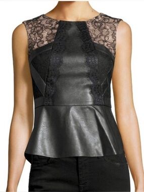BCBGMaxAzria Black Lace & Nude Mesh Peplum Top